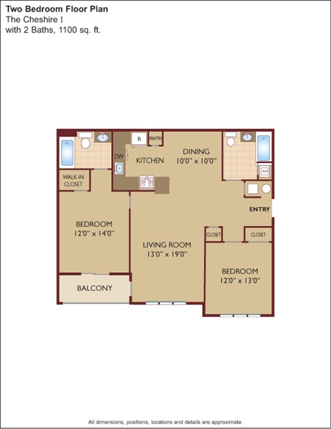 Floor plan for 2 beds, 2 baths, 1100 sqft